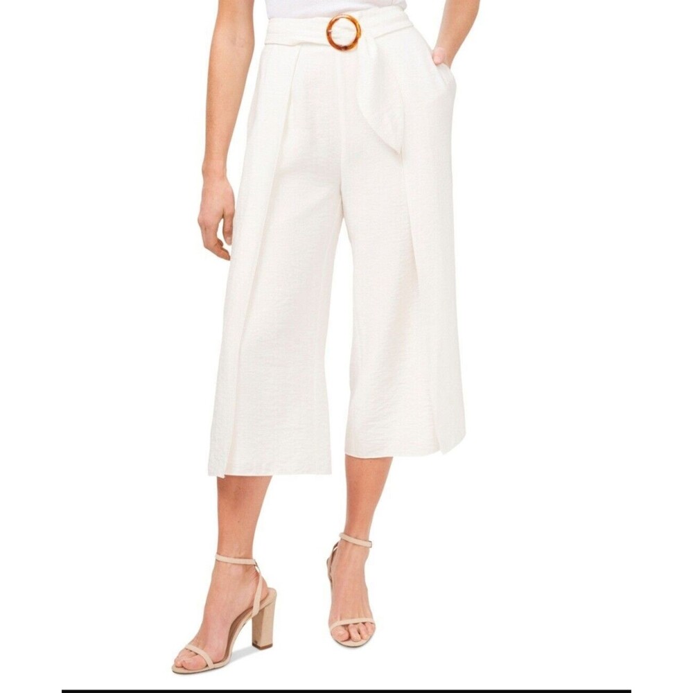 CeCe Womens Sz 2P Wide Leg Belted Capri Pants White Coastal Flowy Vacation Beach
